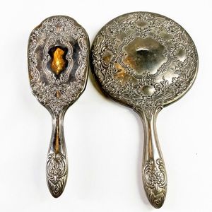 Vintage Silver Plated Ornate Vanity Set Mirror and Brush